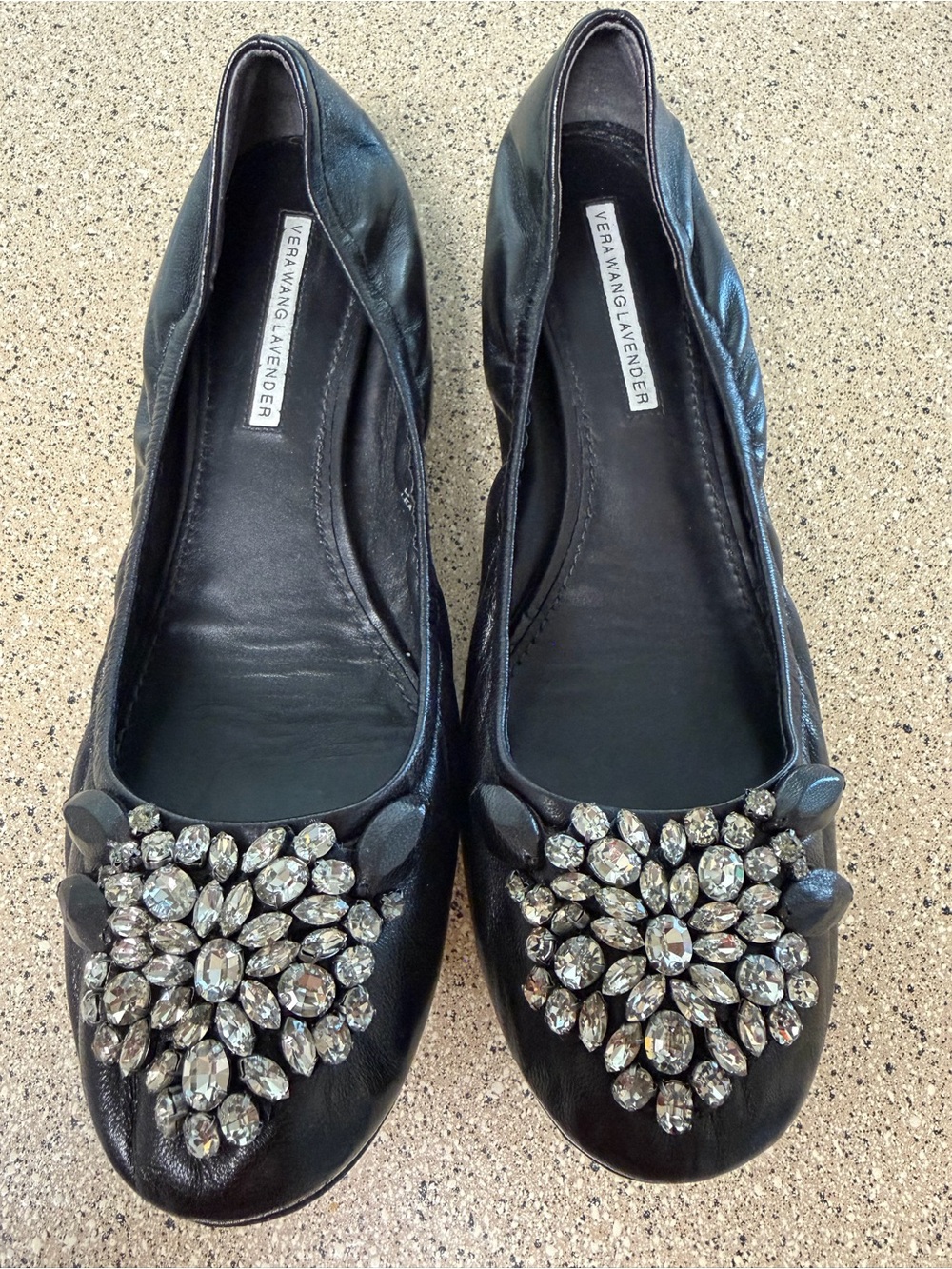 Vera Wang Black Leather Jeweled Ballet Flats